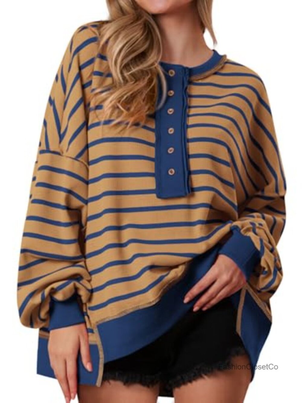 Oversized Henley Striped Waffle Knit Tunic Sweatshirt
